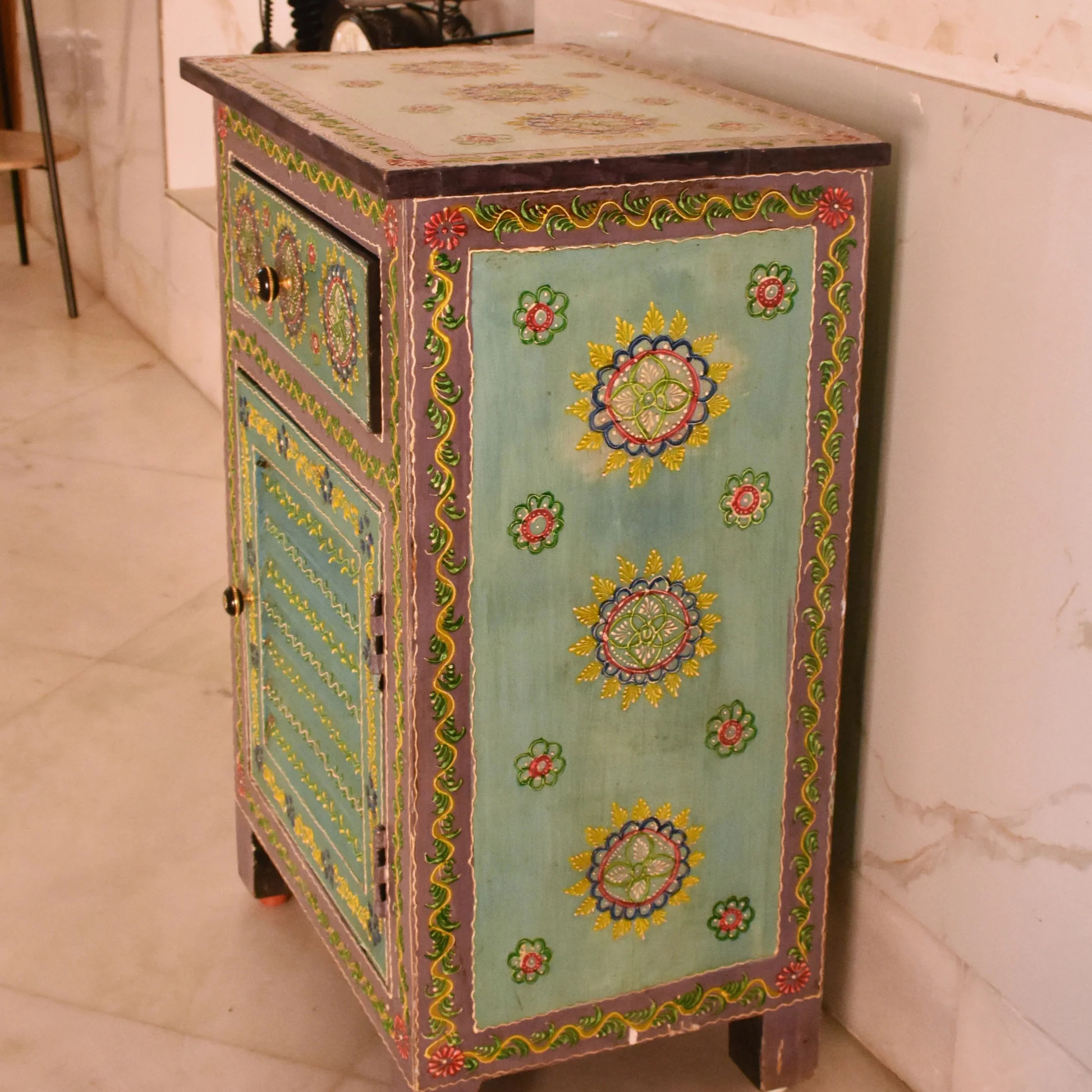 Hand-Painted Rajasthani Floral Wood Nightstand Storage Cabinet Locker