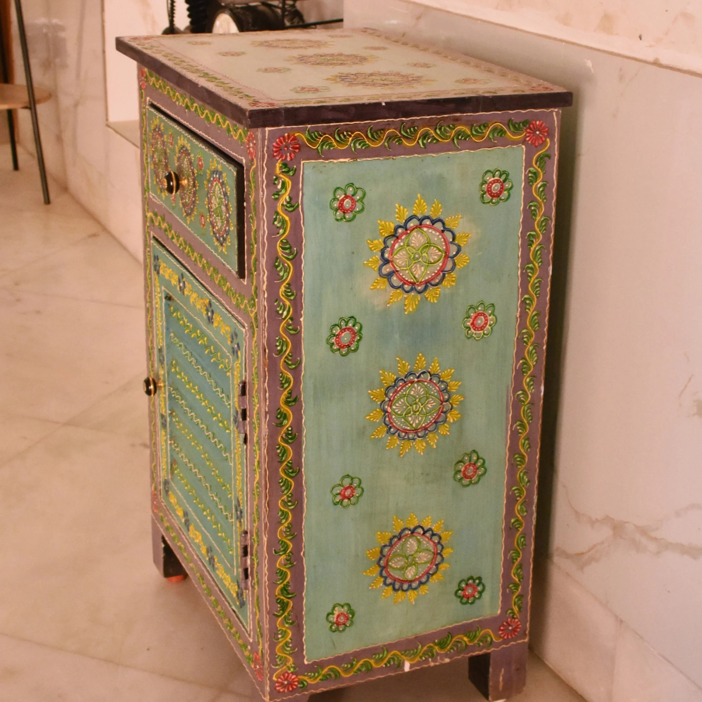 Hand-Painted Rajasthani Floral Wood Nightstand Storage Cabinet Locker