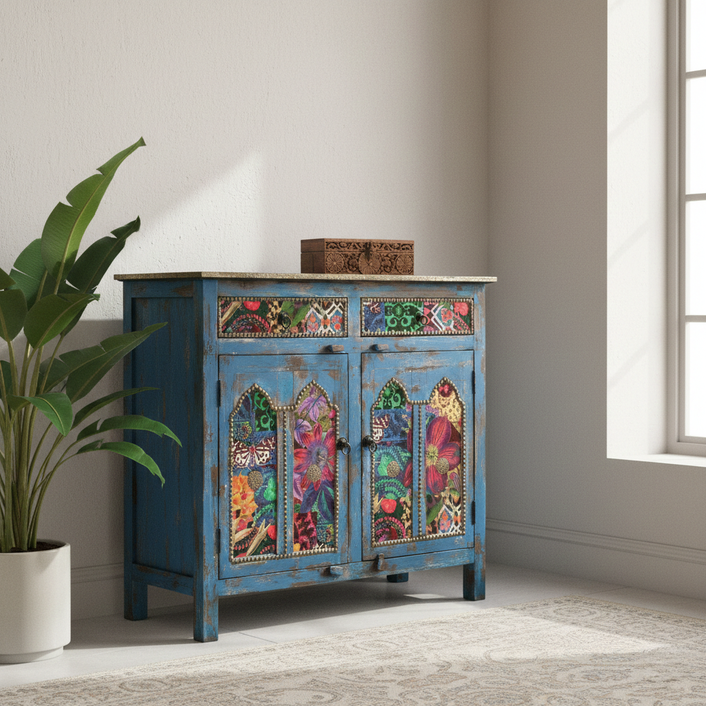 Bohemian Vintage Hand-Painted Floral Carved Wood Accent Storage Locker