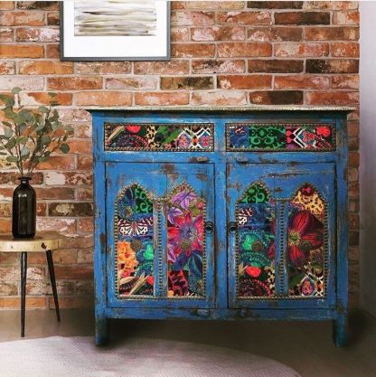 Bohemian Vintage Hand-Painted Floral Carved Wood Accent Storage Locker