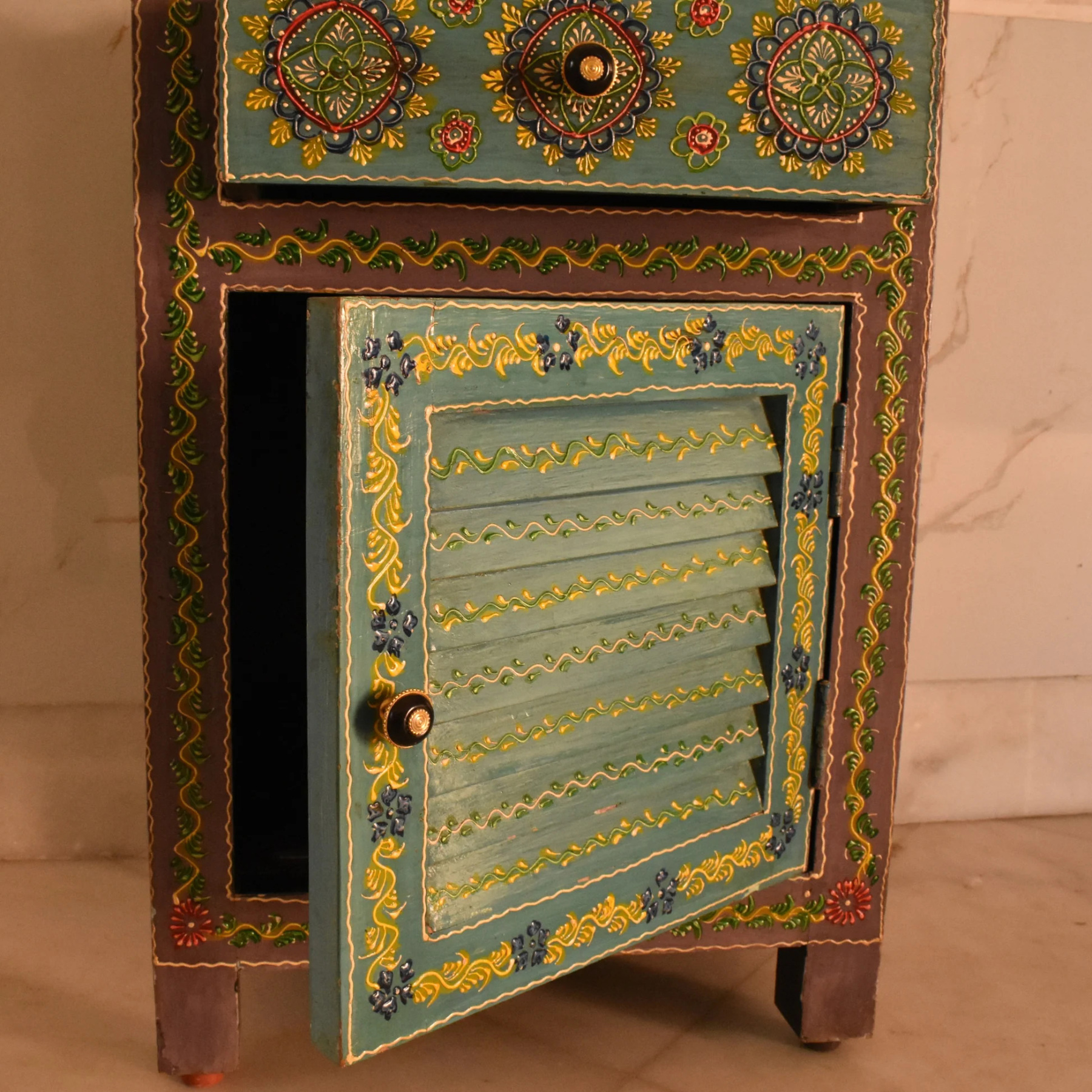 Hand-Painted Rajasthani Floral Wood Nightstand Storage Cabinet Locker