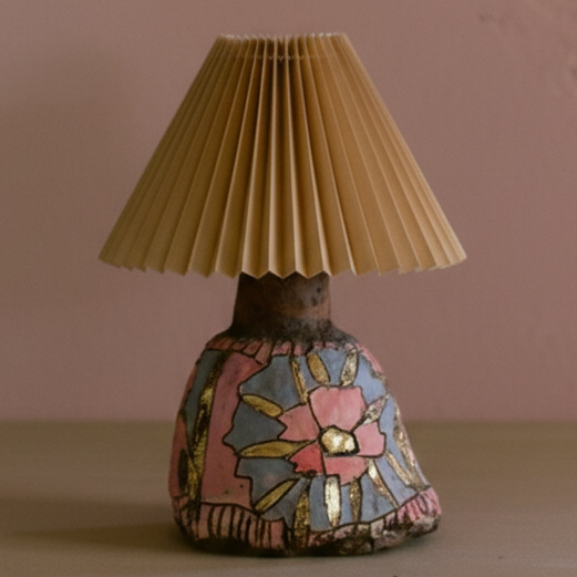 Eclectic Hand-Painted Floral Ceramic Base Pleated Shade Table Lamp