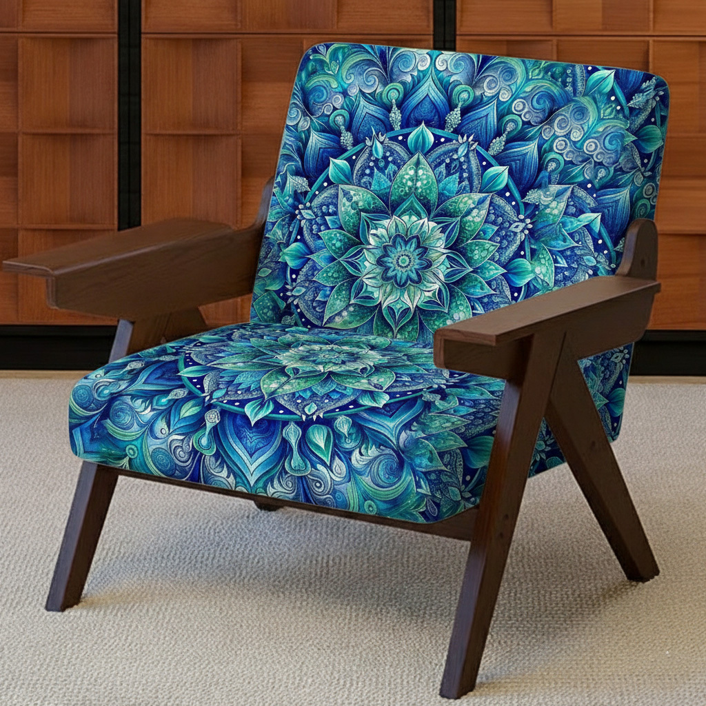 Bohemian Style Blue Mandala Floral Pattern Upholstered Accent Armchair