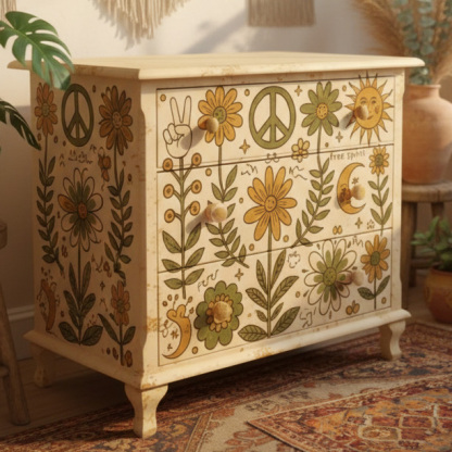 Hippie Retro Sunflower Print Three Drawer Wooden Bedroom Storage Locker