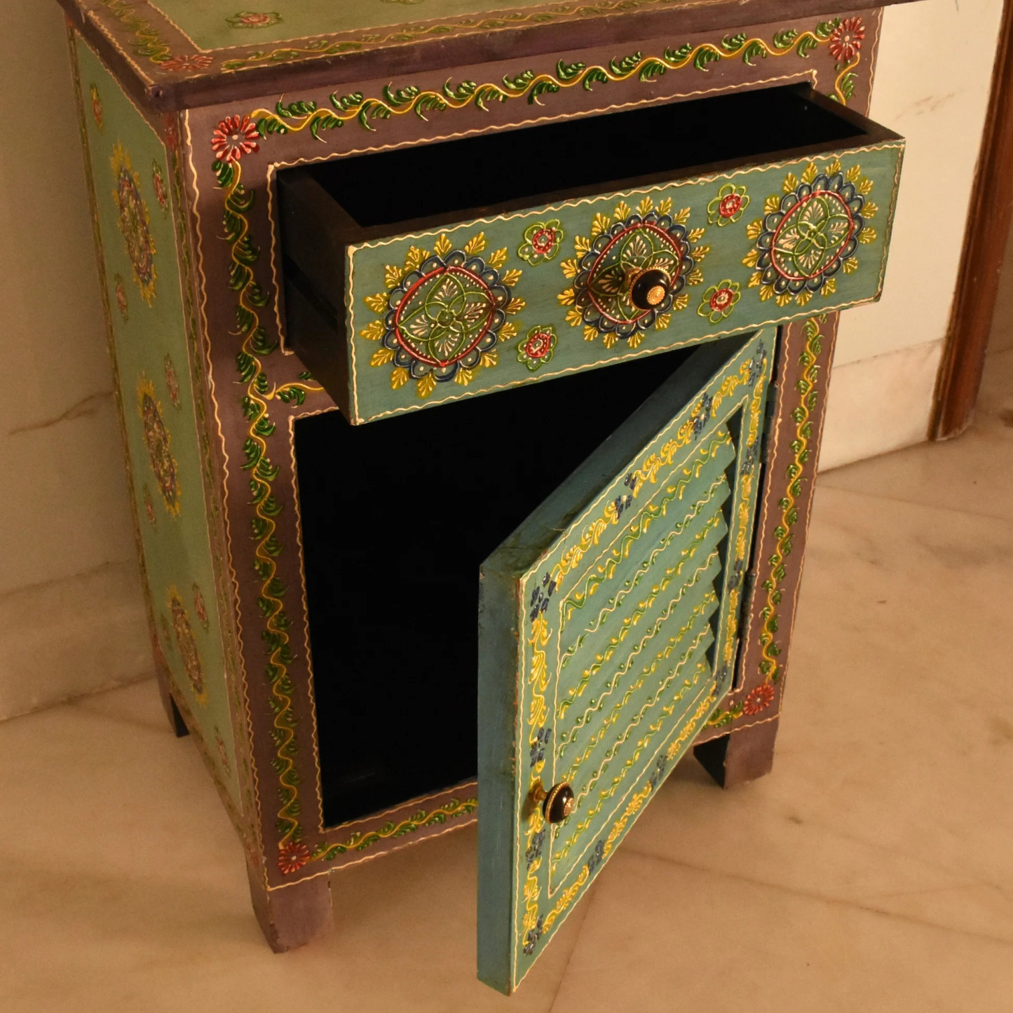 Hand-Painted Rajasthani Floral Wood Nightstand Storage Cabinet Locker