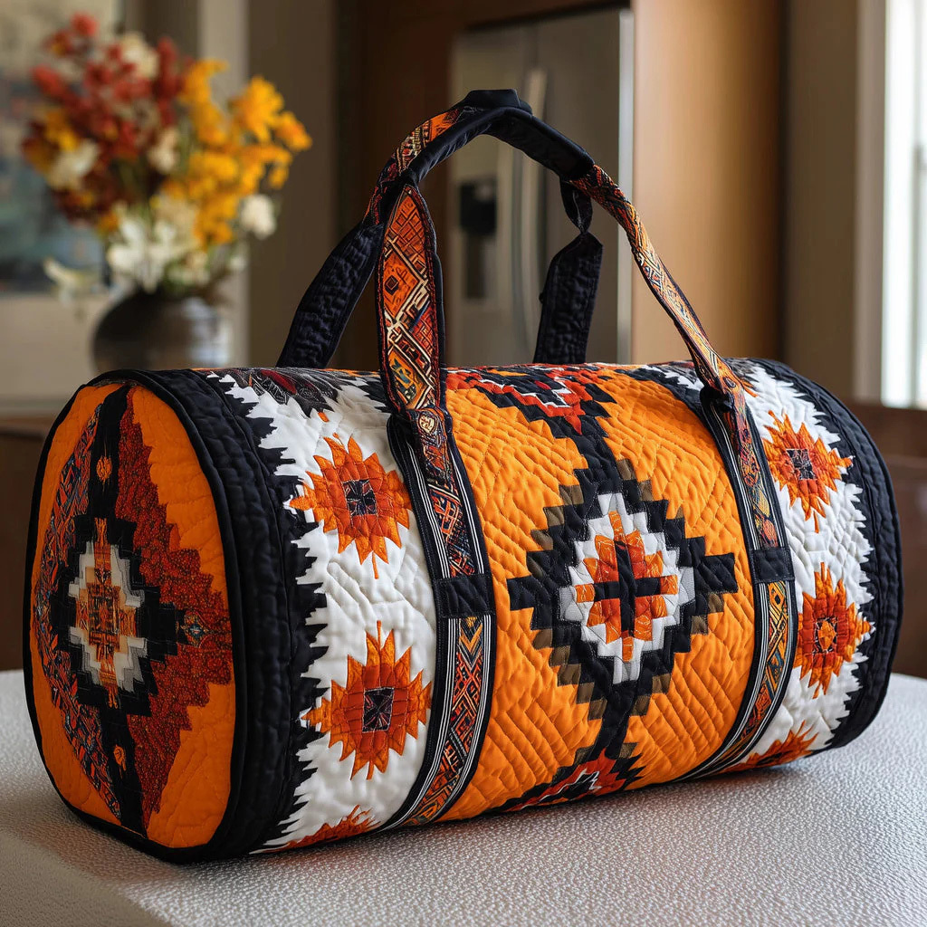 Ethnic Geometric Aesthetic Orange and Black Quilted Weekender Bag