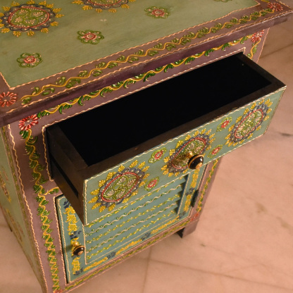 Hand-Painted Rajasthani Floral Wood Nightstand Storage Cabinet Locker