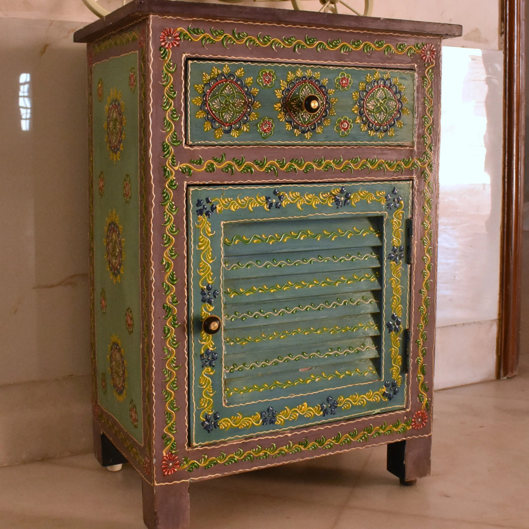 Hand-Painted Rajasthani Floral Wood Nightstand Storage Cabinet Locker
