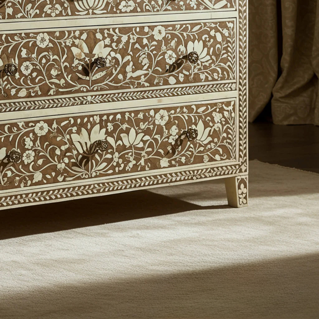 Handcrafted Floral Inlay Wooden Dresser | Luxury Handmade Chest of Drawer