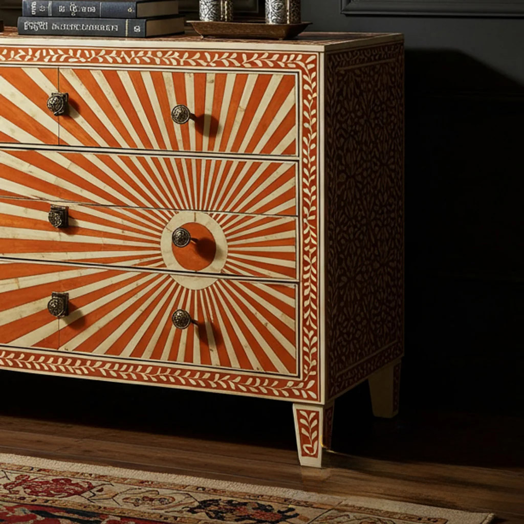 Sunburst Pattern Hand-Painted Chest of Drawers | Luxury Handmade Dresser