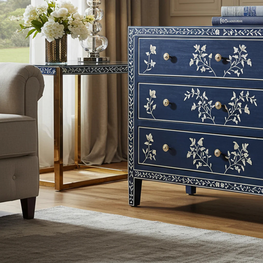 Navy Blue Floral Inlay Three-Drawer Dresser | Luxury Handmade Chest of Drawer