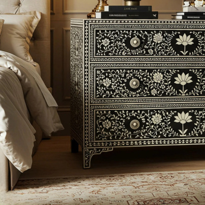 Hand-Painted Floral Bone Inlay Dresser Chest | Luxury Handmade Dresser