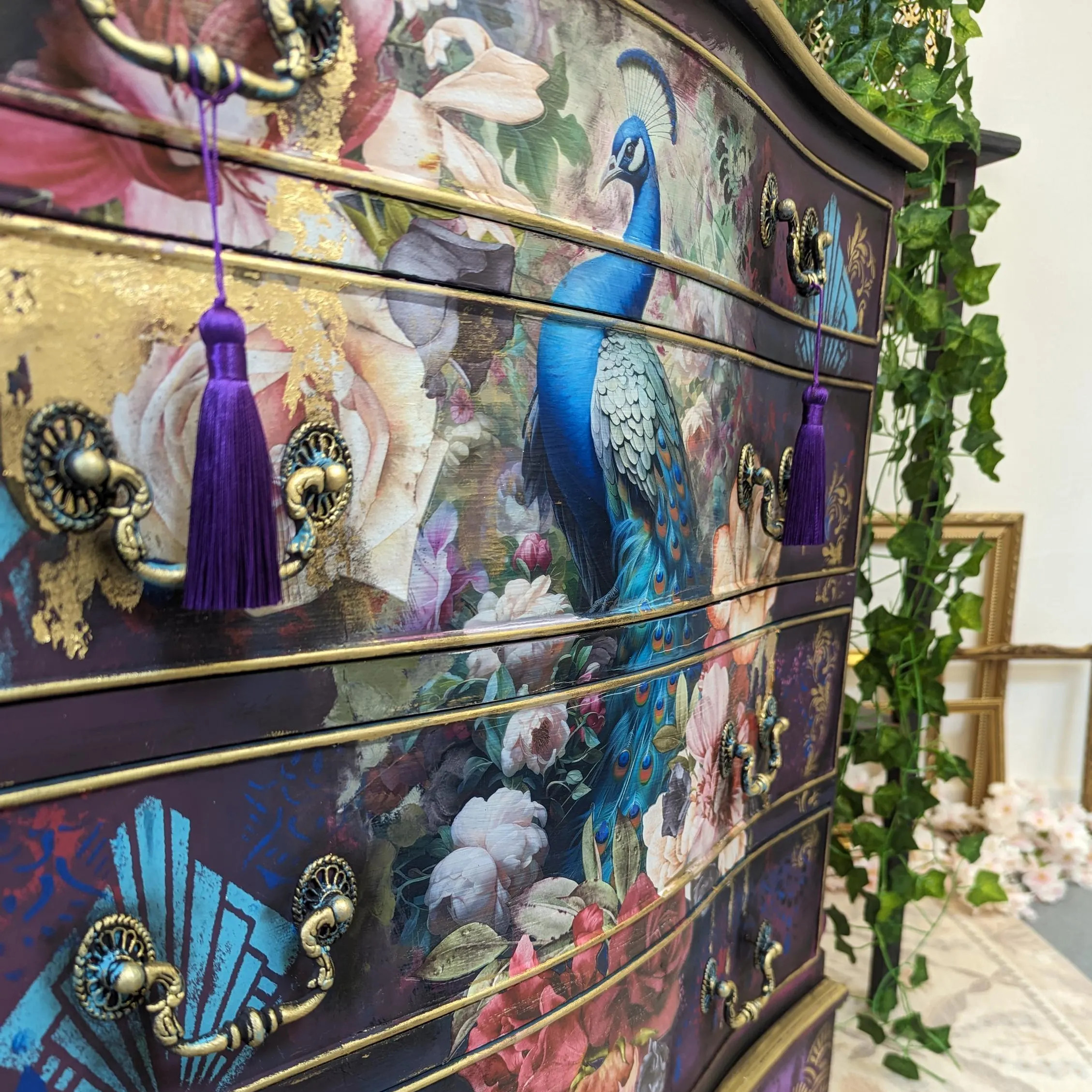 Maximalist Bohemian Peacock Floral Art Hand Painted Storage Locker