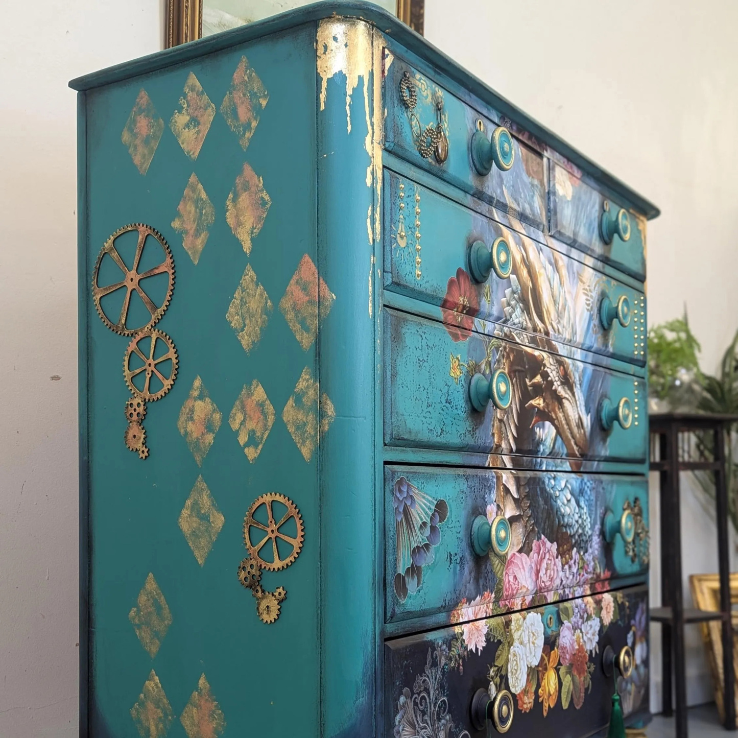 Fantasy Dragon Mythical Beast Hand-Painted Teal Floral Art Locker