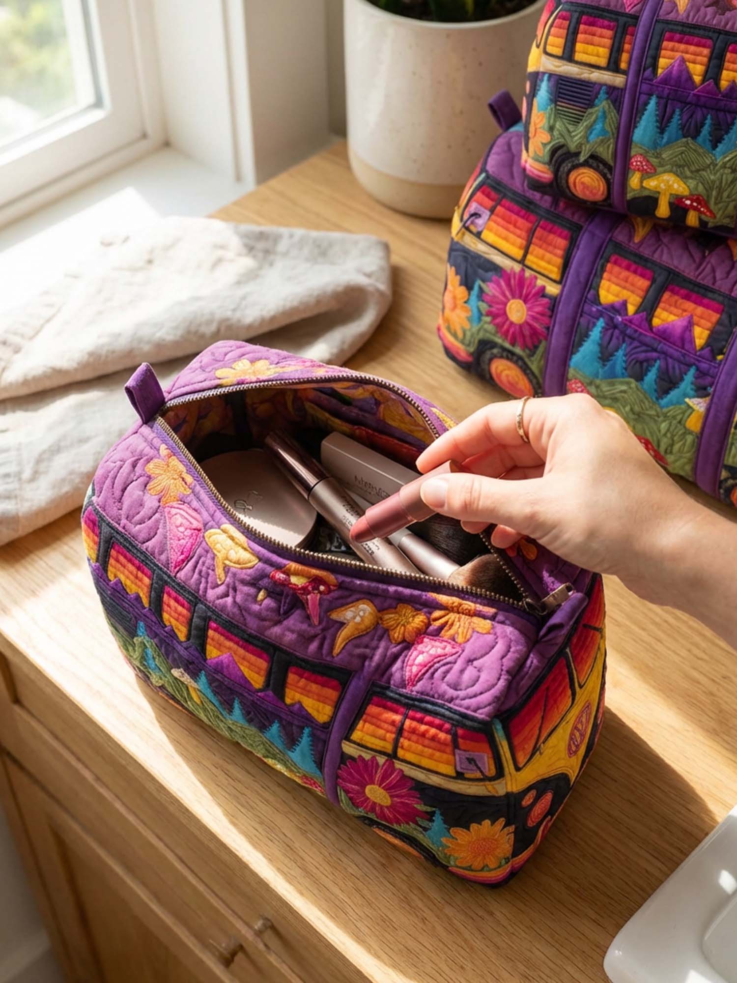 Hippie Van Flower Cotton Quilted Cosmetic Bag