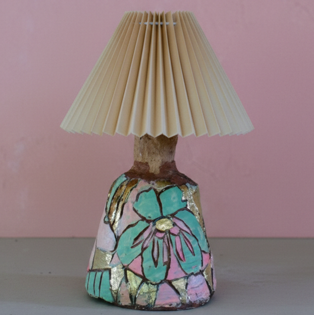 Handmade Ceramic Floral Table Lamp with Pleated Paper Shade
