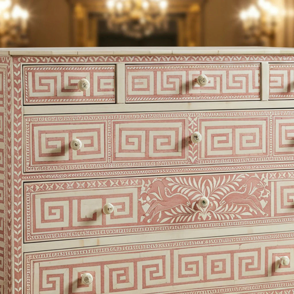 Vintage Greek Key Pattern Wooden Dresser | Luxury Handmade Chest of Drawer