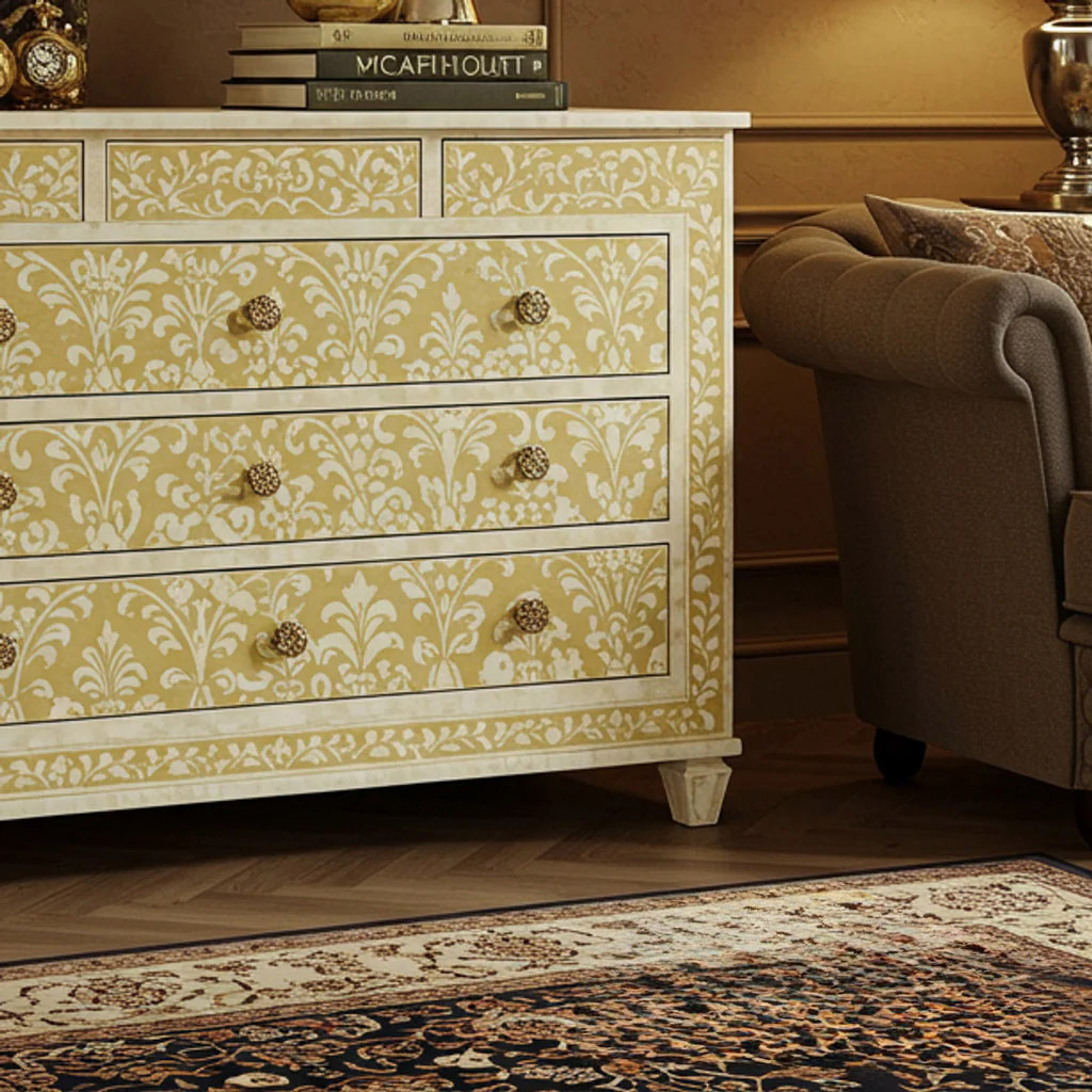 Elegant Vintage Style Chest of Drawers with Floral Pattern | Luxury Handmade Dresser
