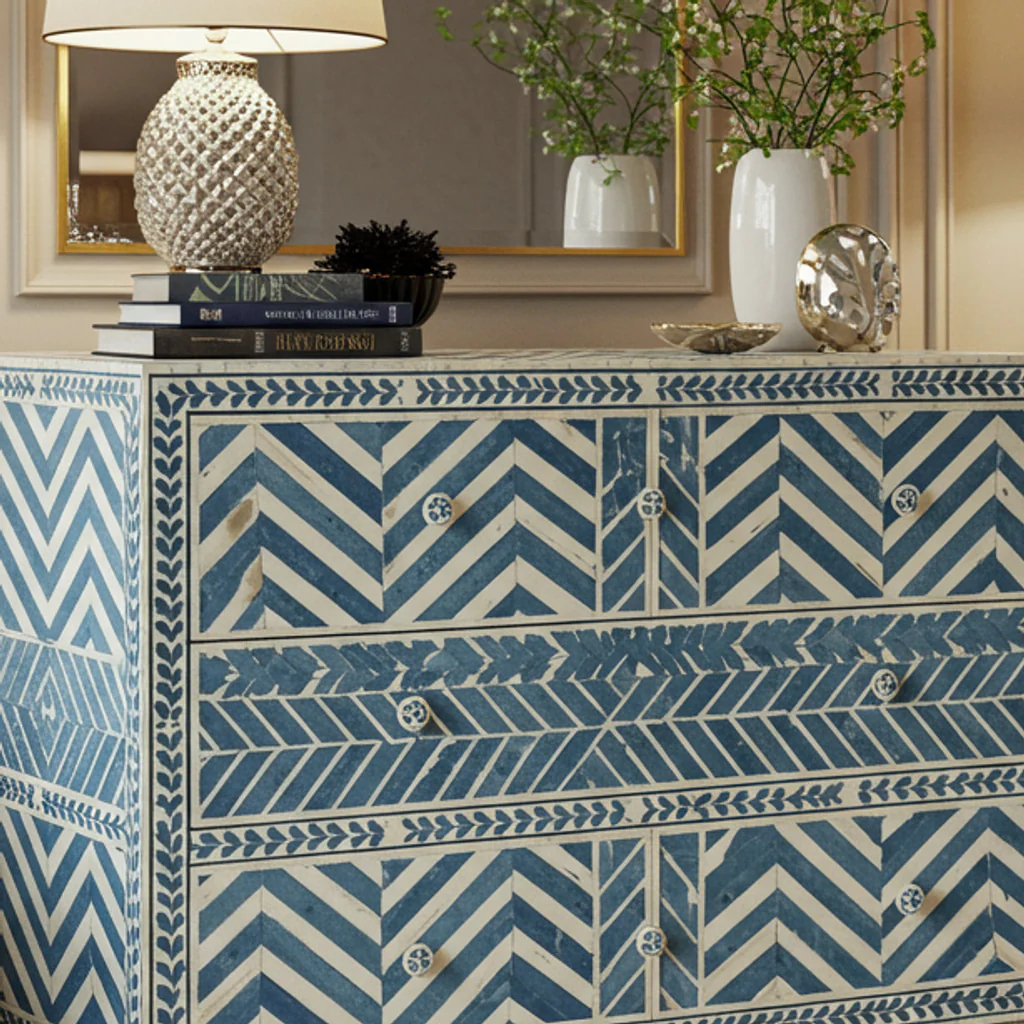 Hand-Painted Blue and White Patterned Chest of Drawers | Luxury Handmade Dresser