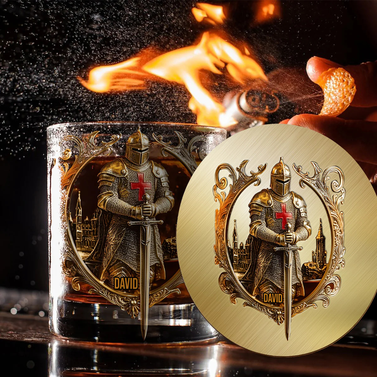 Medieval Knight Templar Personalized Whiskey Decanter and Glass Set