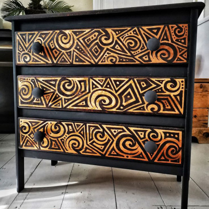 Tribal Art Hand-Painted Geometric Pattern Black 3-Drawer Storage Locker