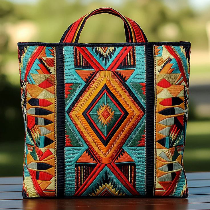Bohemian Retro Southwestern Tribal Graphic Quilted Fabric Tote Bag