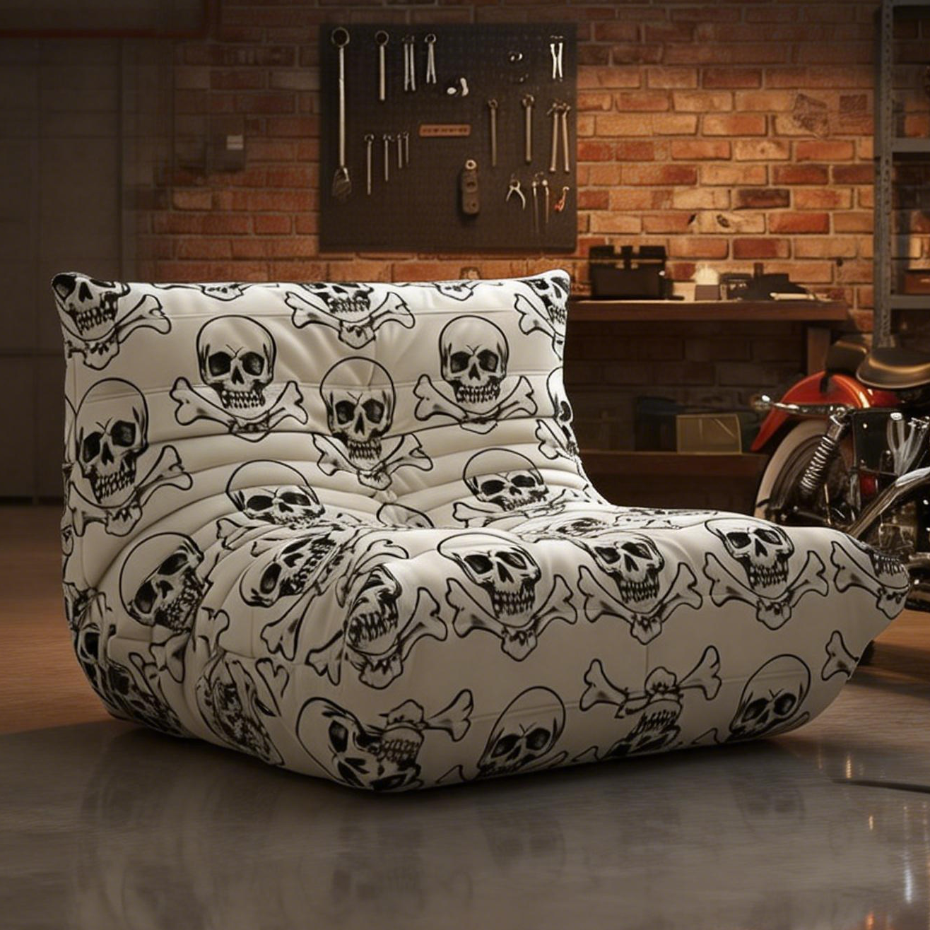 Minimalist Punk Skull Crossbones Print Padded Studio Floor Sofa