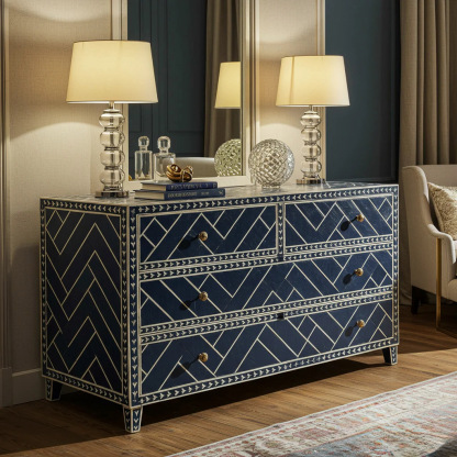 Navy Blue Geometric Pattern Chest of Drawers | Luxury Handmade Dresser