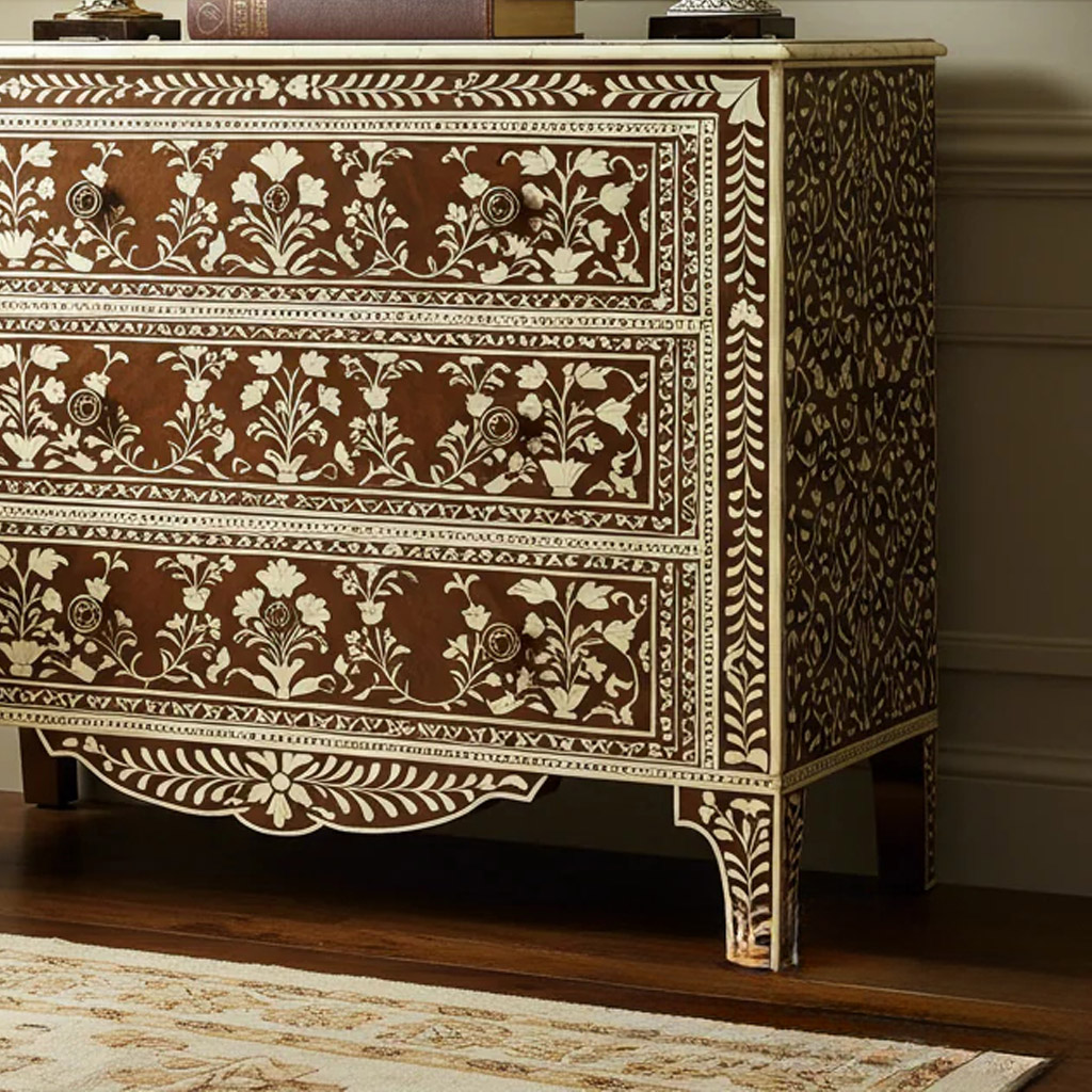 Handcrafted Floral Inlaid Wooden Chest of Drawers | Luxury Handmade Dresser