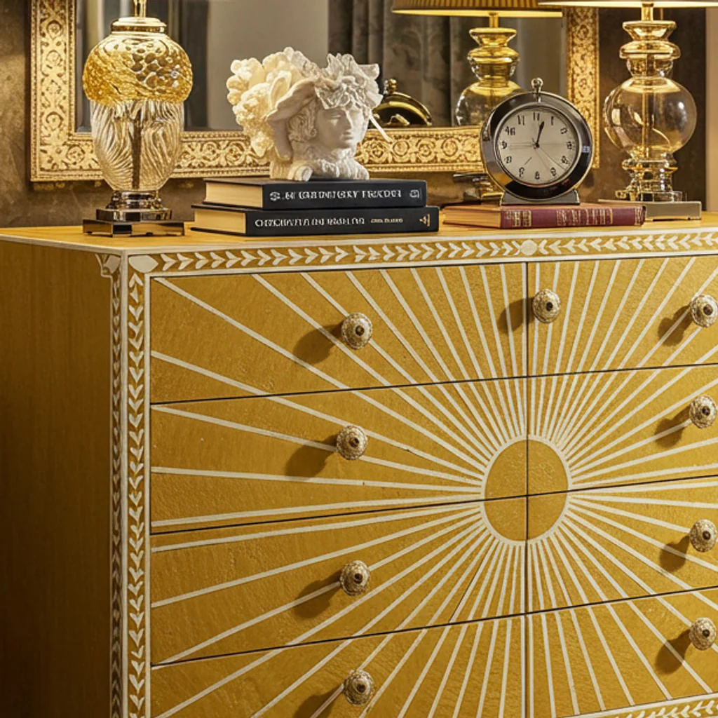 Vintage Yellow Sunburst Dresser Chest | Luxury Handmade Dresser