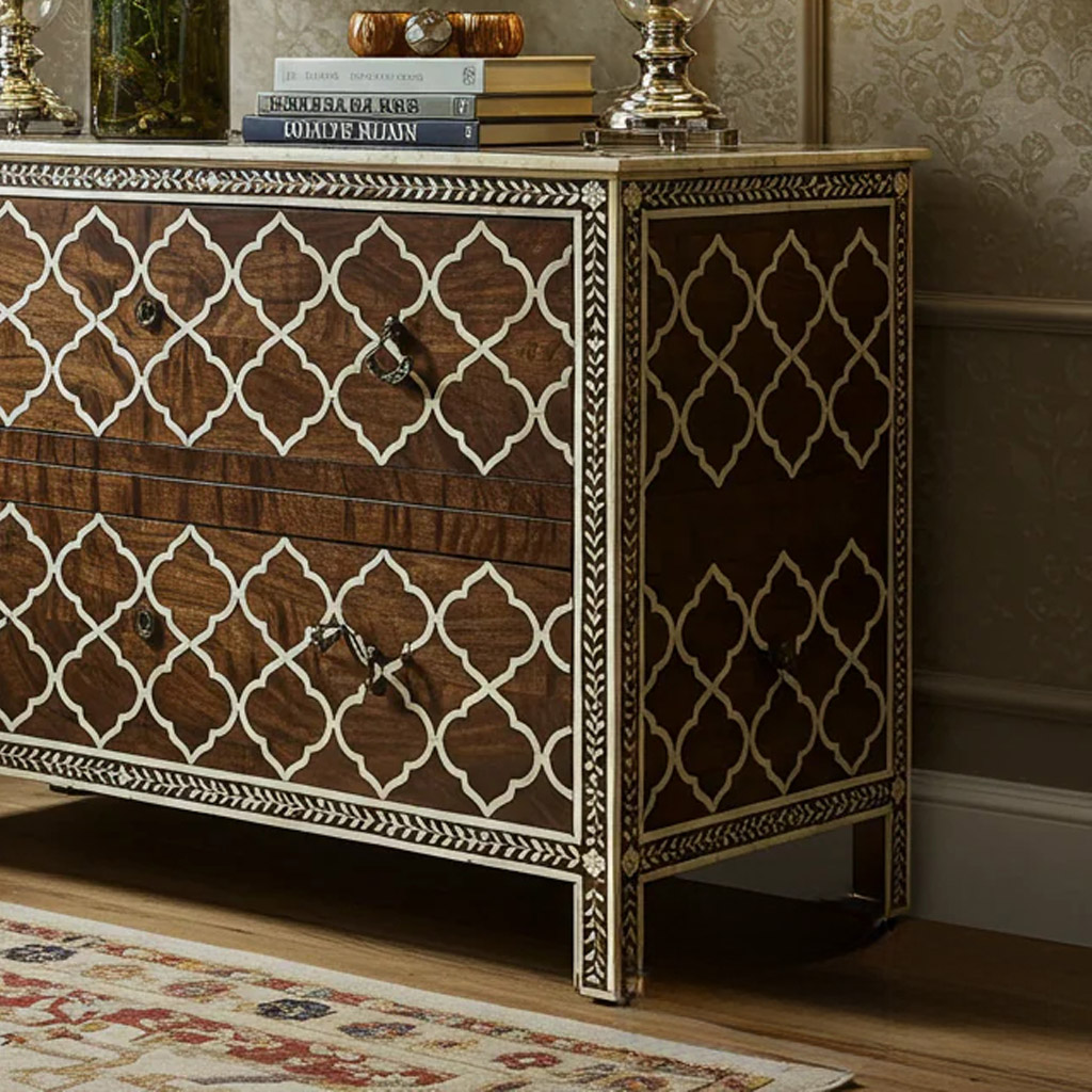 Moroccan-Inspired Wooden Chest of Drawers with Inlay Design | Luxury Handmade Dresser