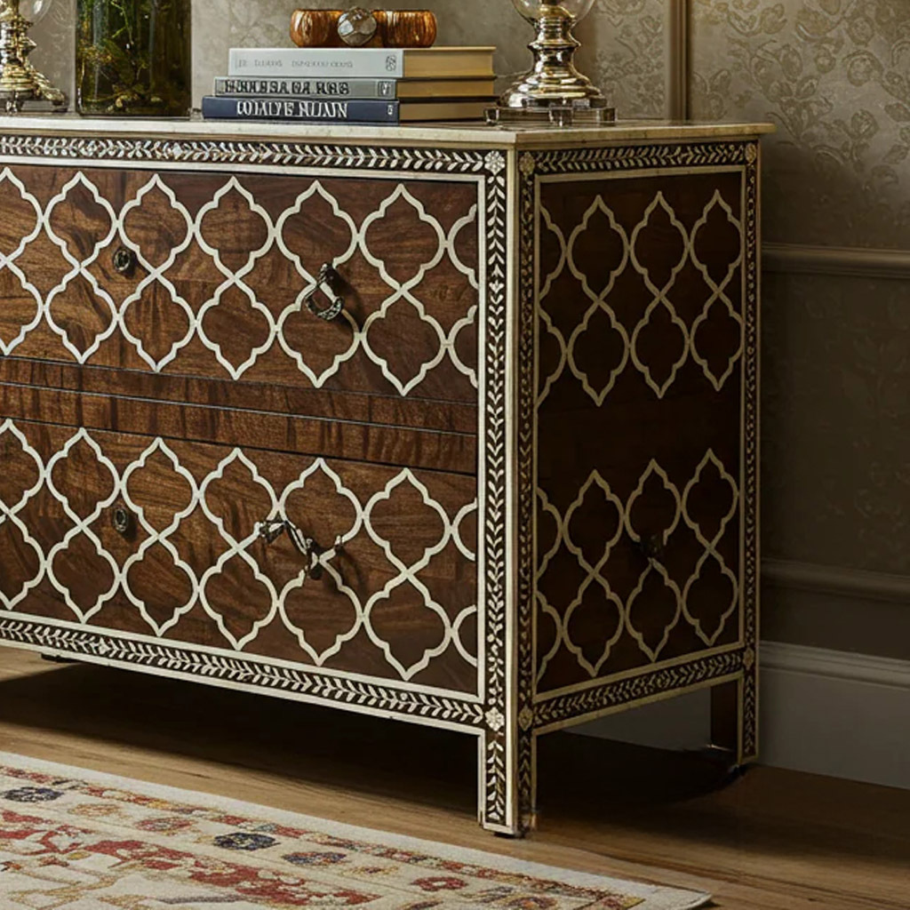 Moroccan-Inspired Wooden Chest of Drawers with Inlay Design | Luxury Handmade Dresser