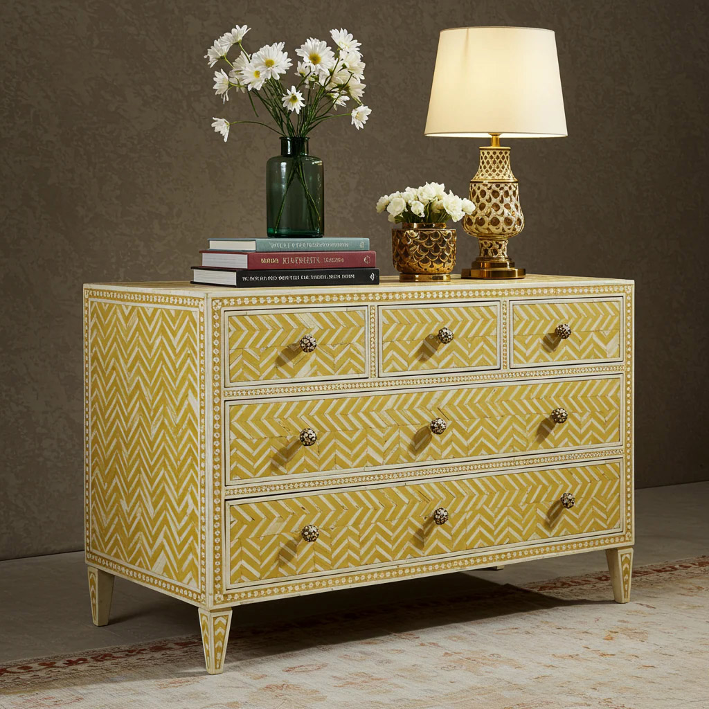 Yellow Patterned Wooden Dresser with Decorative Knobs | Luxury Handmade Chest of Drawer