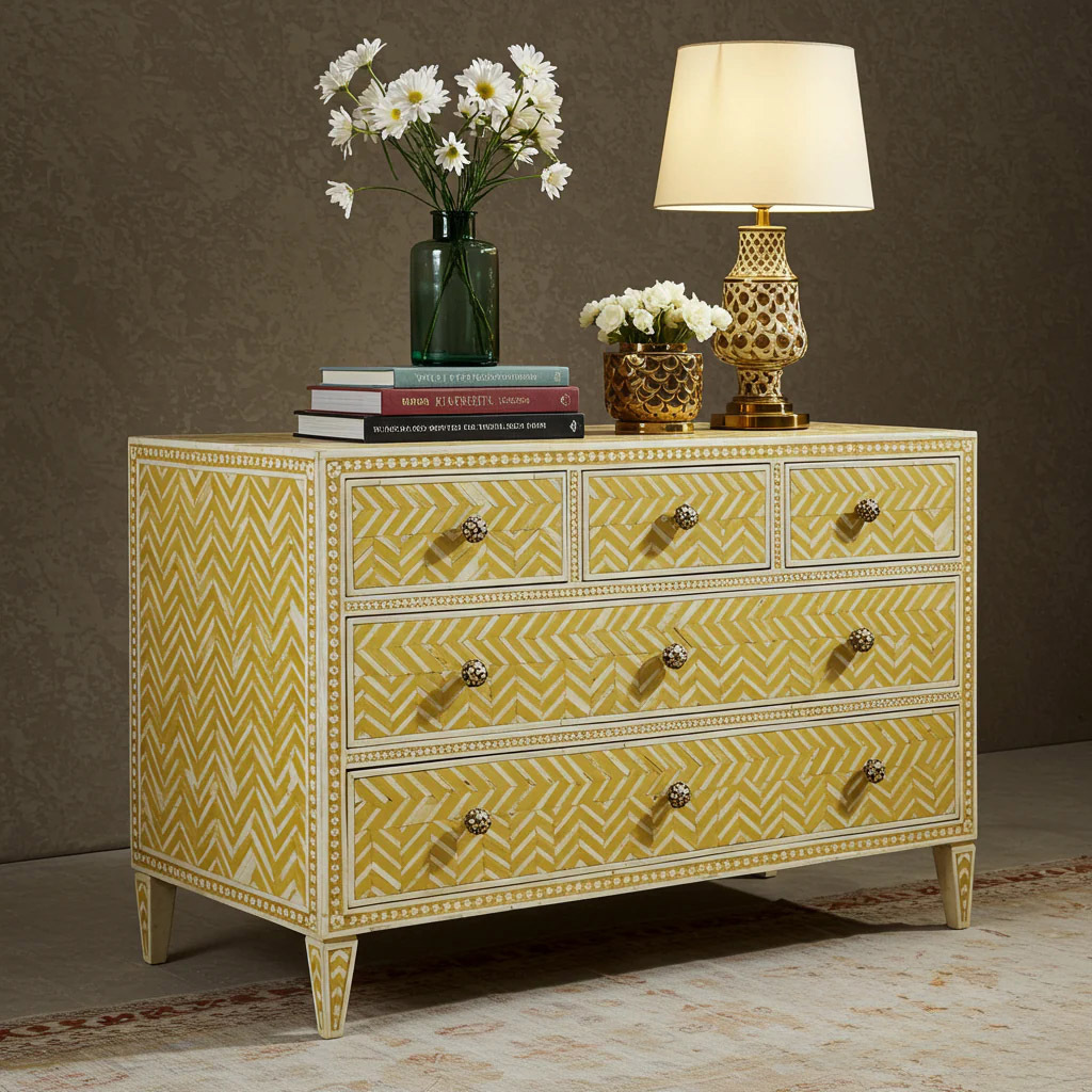 Yellow Patterned Wooden Dresser with Decorative Knobs | Luxury Handmade Chest of Drawer