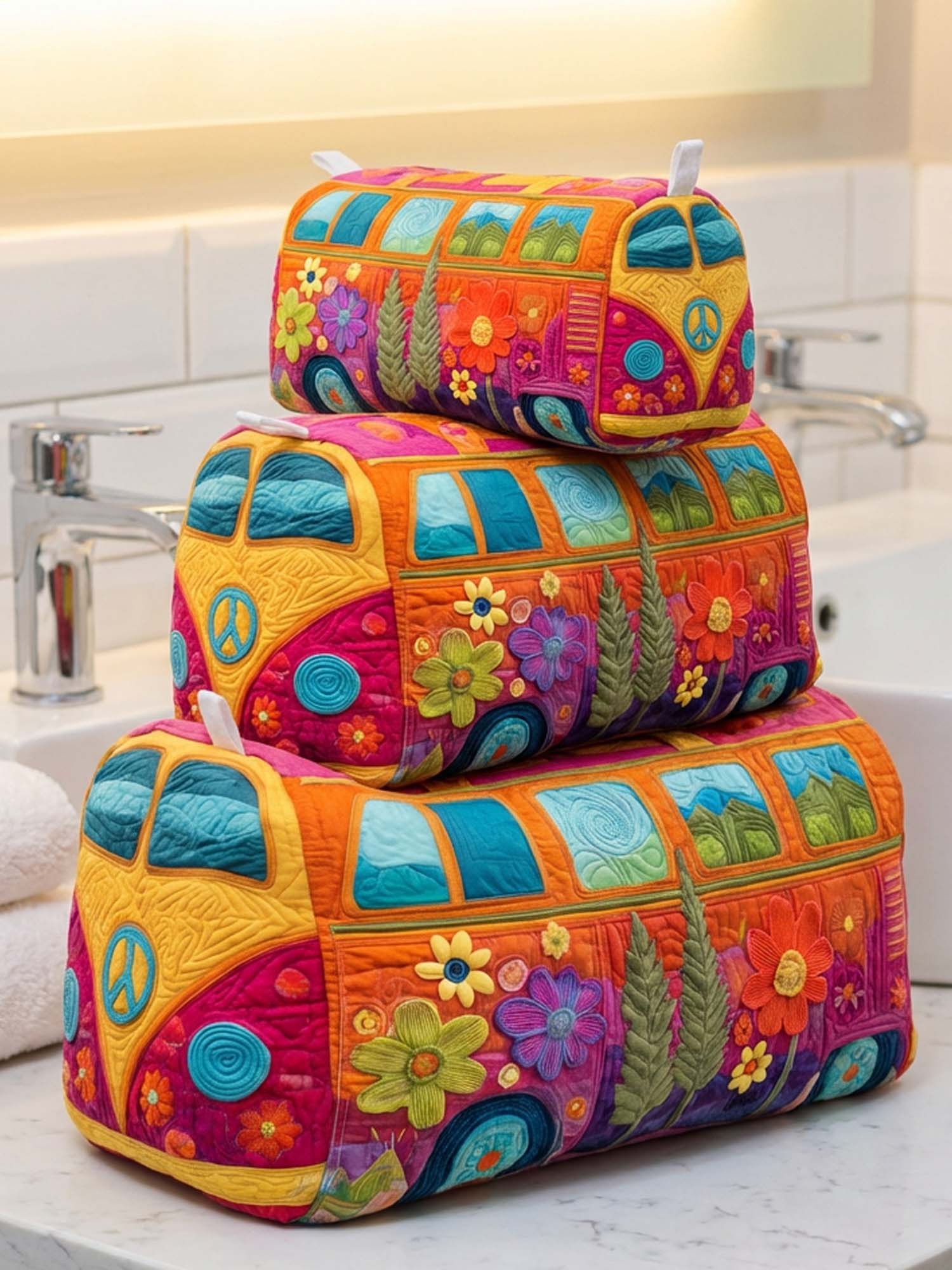 Hippie Van Flower Cotton Quilted Cosmetic Bag