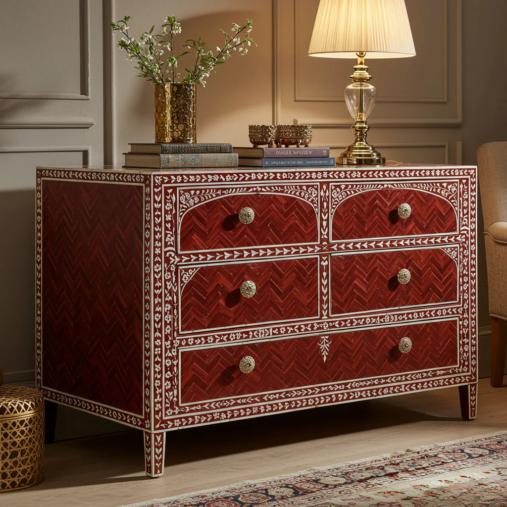 Red Inlaid Wooden Chest of Drawers with Floral Motifs | Luxury Handmade Dresser