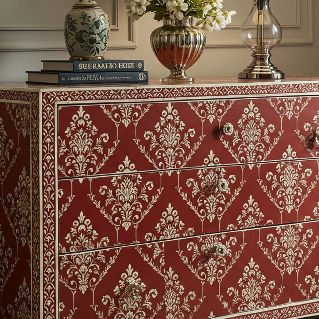 Vintage Red and White Patterned Wooden Chest of Drawers | Luxury Handmade Dresser