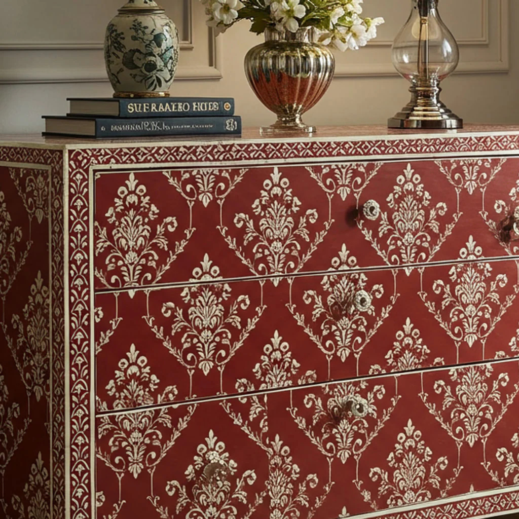 Vintage Red and White Patterned Wooden Chest of Drawers | Luxury Handmade Dresser