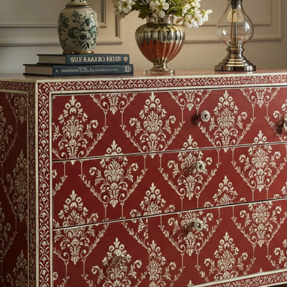 Vintage Red and White Patterned Wooden Chest of Drawers | Luxury Handmade Dresser