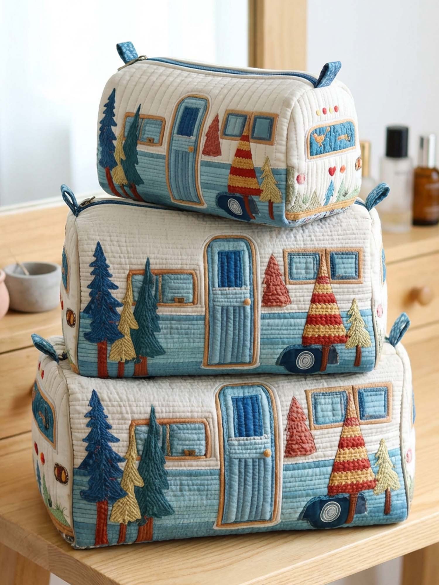 Camping Trailer Cotton Quilted Cosmetic Bag