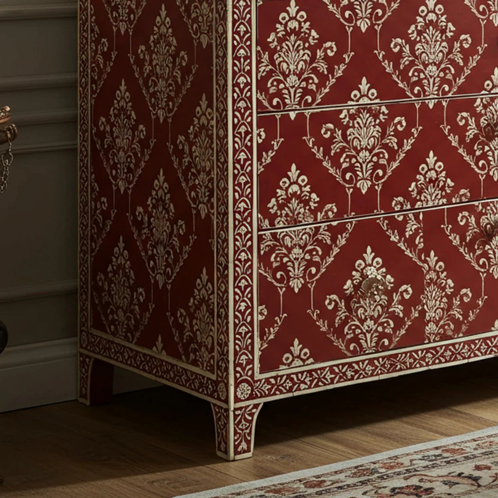 Vintage Red and White Patterned Wooden Chest of Drawers | Luxury Handmade Dresser