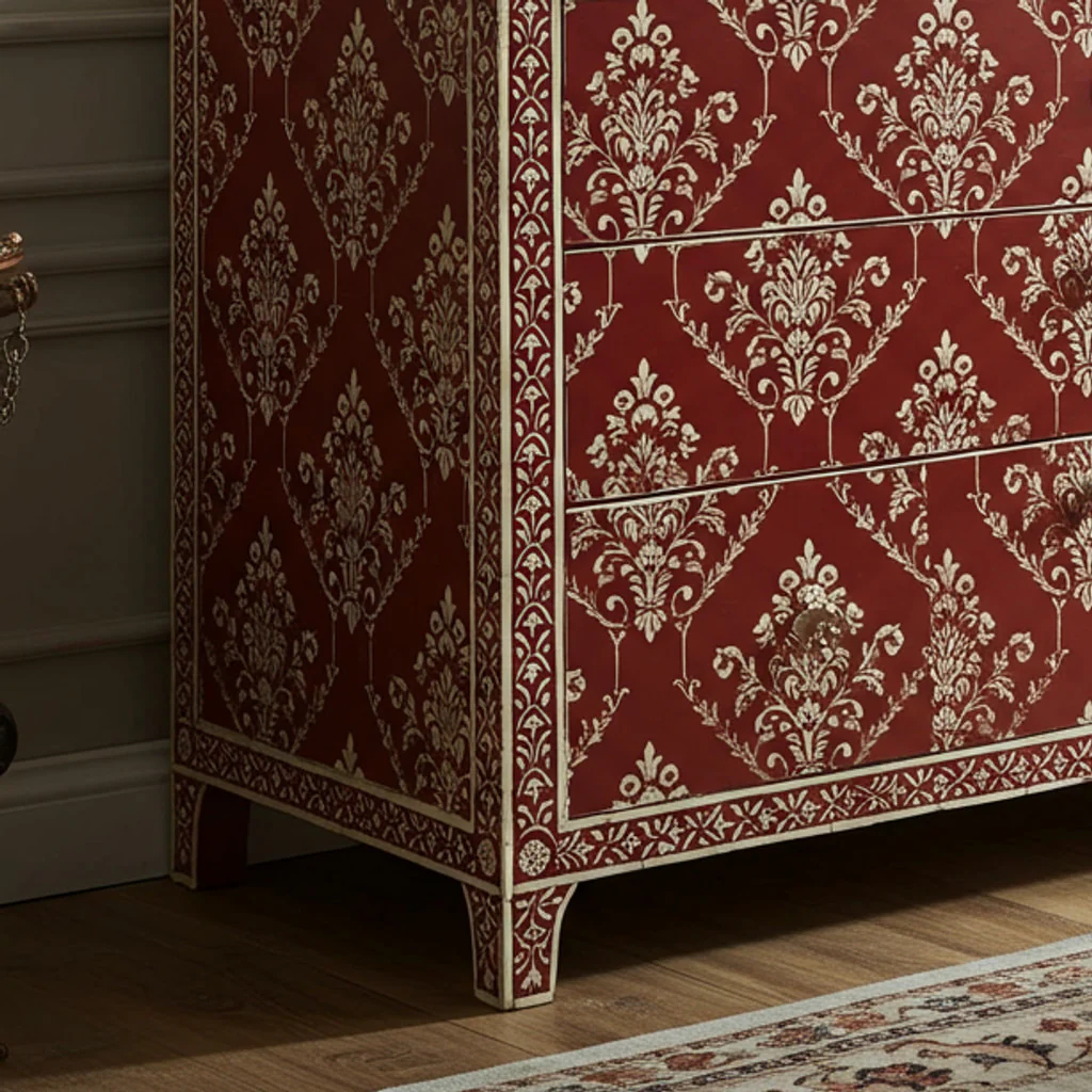 Vintage Red and White Patterned Wooden Chest of Drawers | Luxury Handmade Dresser