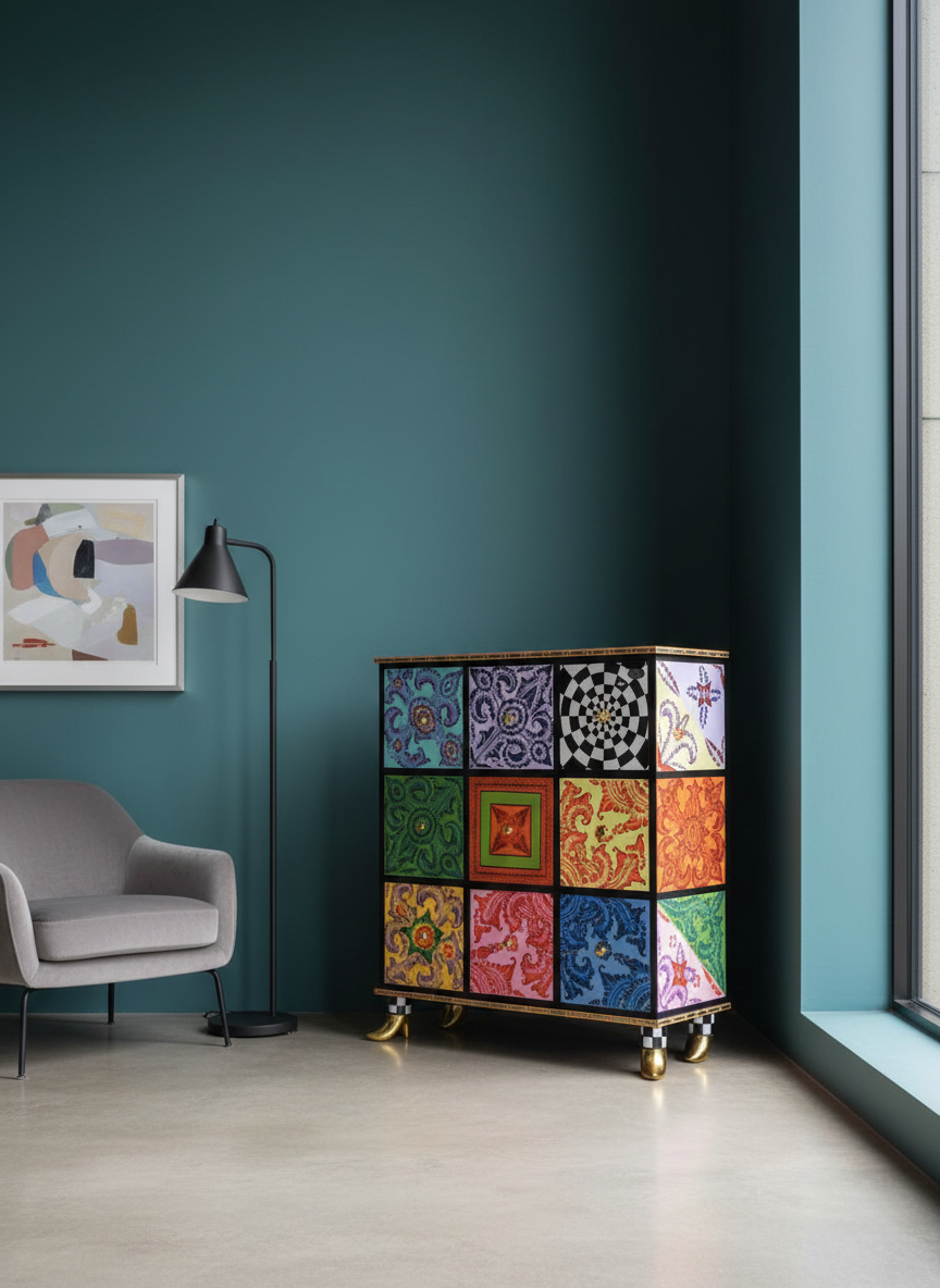 Eclectic Artistic Multi-Pattern Nine-Drawer Decorative Storage Accent Locker