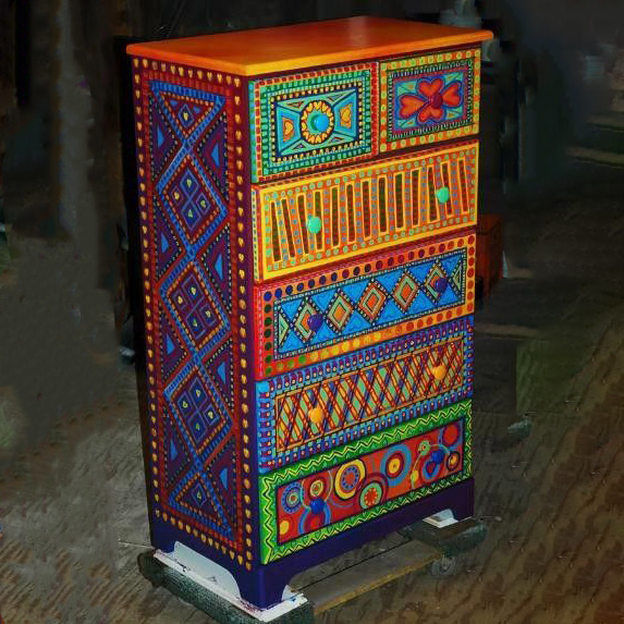 Bohemian Hand-Painted Colorful Geometric Pattern Wooden Storage Locker
