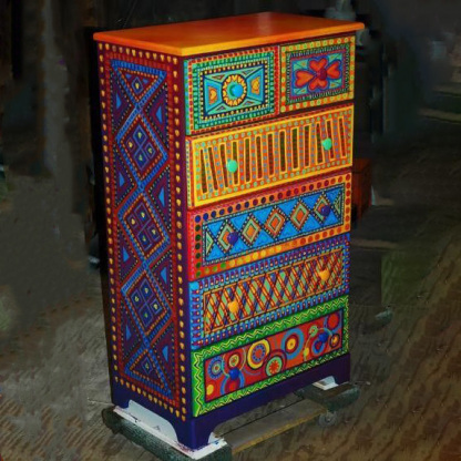 Bohemian Hand-Painted Colorful Geometric Pattern Wooden Storage Locker