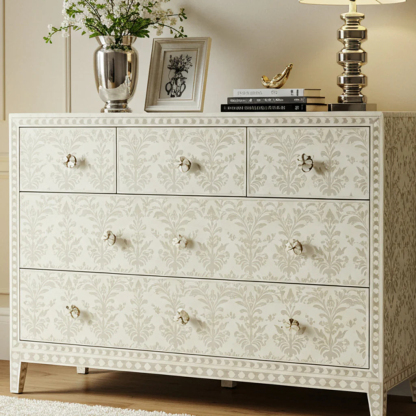 Elegant White Patterned Dresser with Brass Knobs | Luxury Handmade Dresser