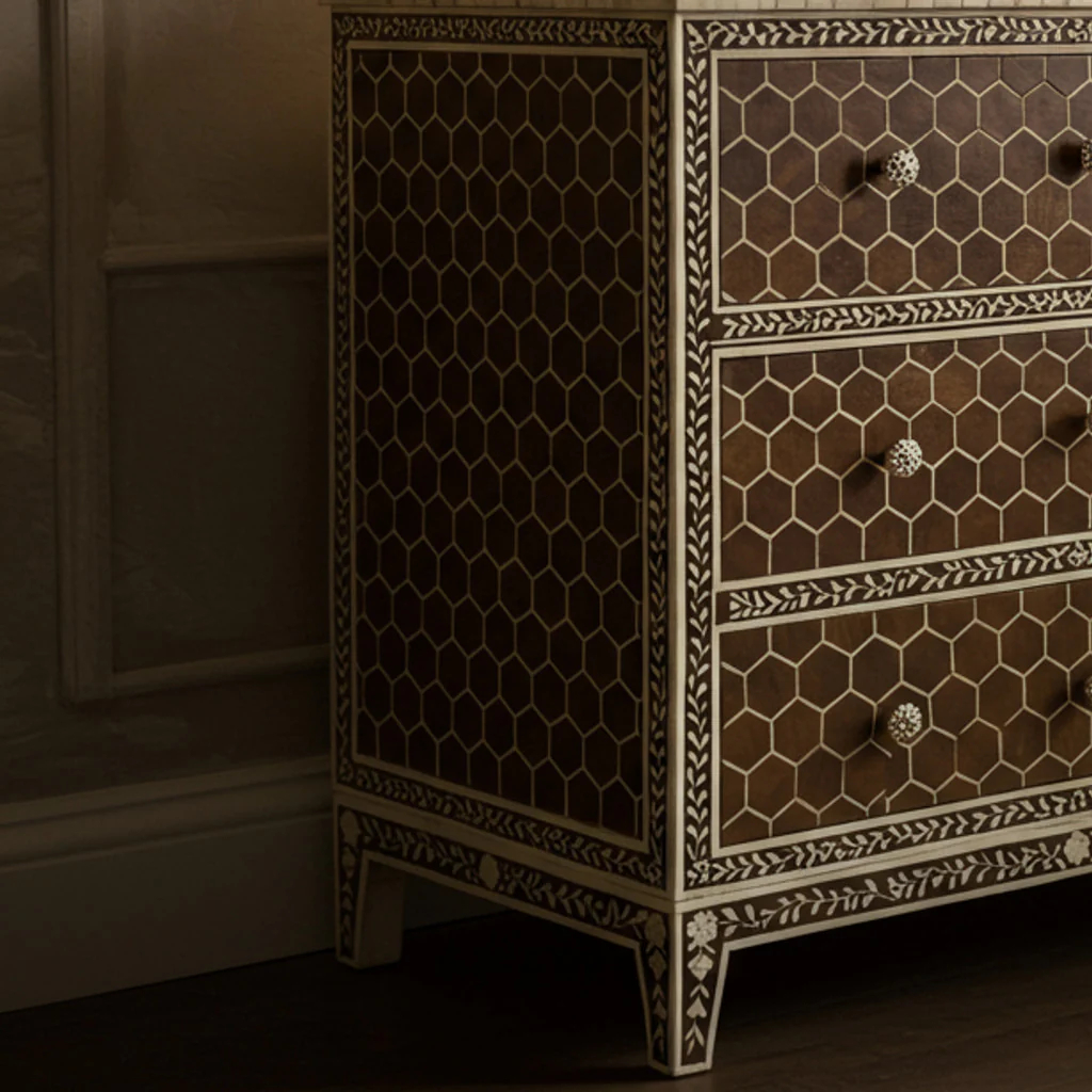 Vintage Wooden Chest of Drawers with Inlaid Geometric Design | Luxury Handmade Dresser