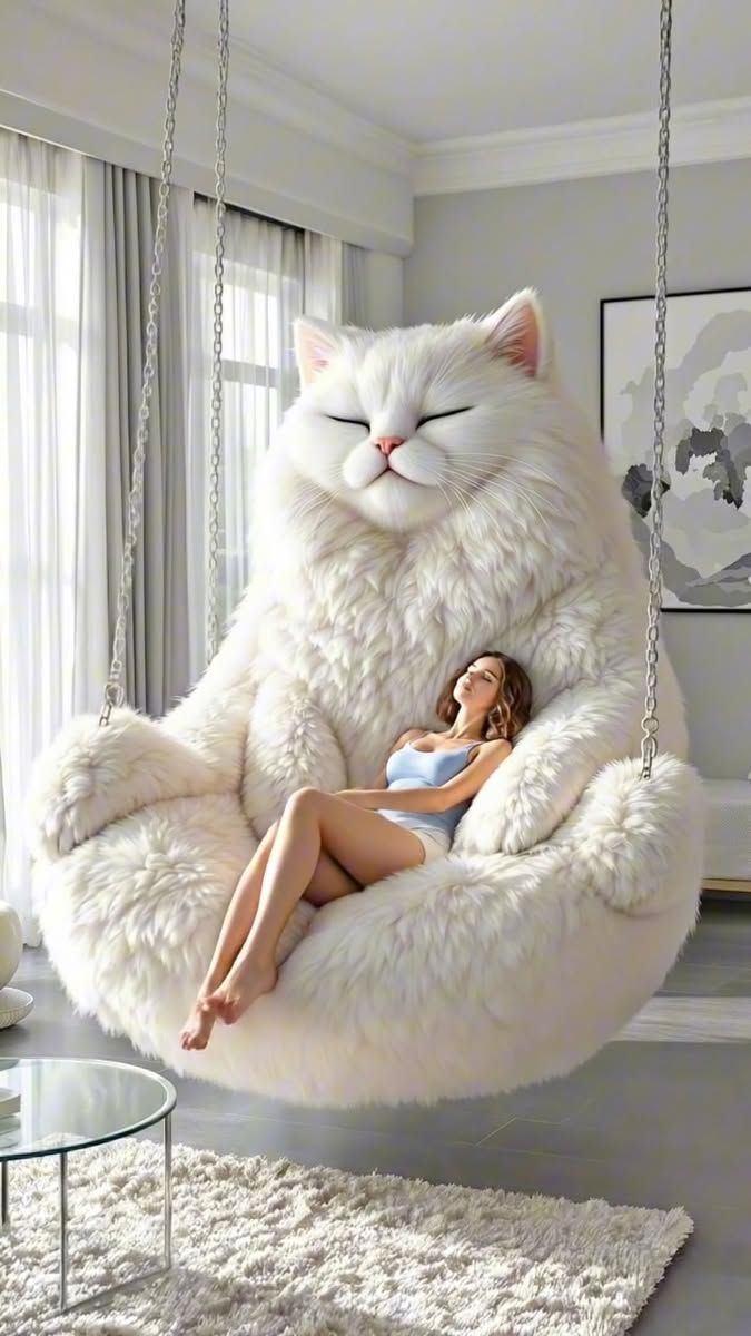 Giant Cat Plush Hanging Chair – Ultra-Soft Faux Fur Swing Lounger for Adults & Kids, Cozy Indoor Suspended Bean Bag Seat