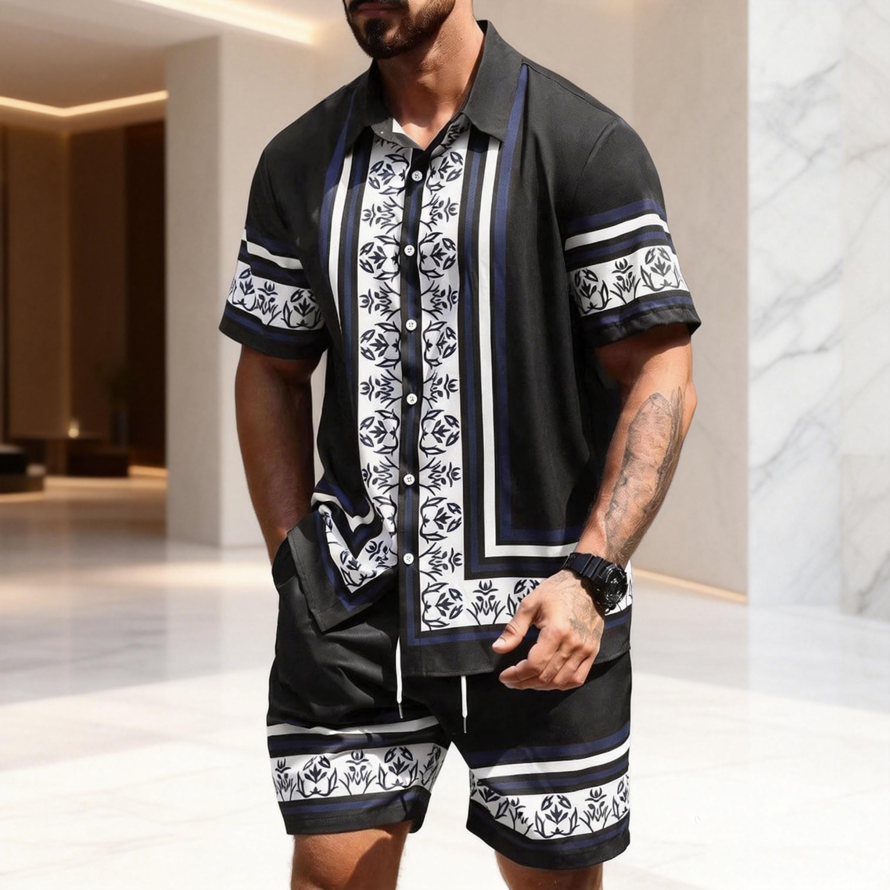 Men's Luxury Baroque Floral Shirt and Shorts Two-Piece Set