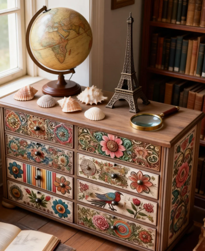 Vintage-Inspired Cottagecore Accent Cabinet - Rustic Hand-Painted Floral Storage Dresser - Shabby Chic Statement Piece for Bedroom or Living Room